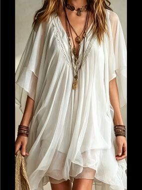 Flowy White V-Neck Boho Tunic Dress